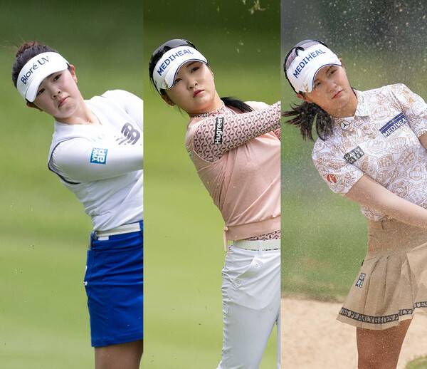 한국여자프로골프(KLPGA) 투어 2025시즌 첫 대회인 블루캐니언 레이디스 챔피언십에 출전한 LPGA 투어 루키 야마시타 미유, 한국의 이예원, 박현경 프로가 1라운드에서 경기하는 모습이다. 사진제공=KLPGA
