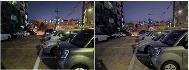 포코X7 프로(왼쪽)와 갤럭시S23 울트라 야간 촬영 결과물. /사진=김승한 기자