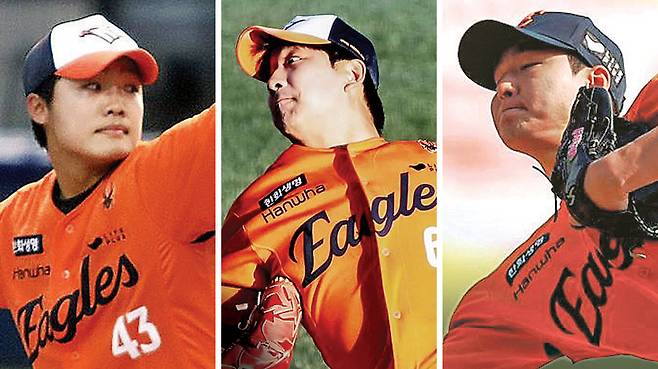 한화 신인 투수 트리오 정우주, 권민규, 박부성(왼쪽부터). 한화 이글스 제공