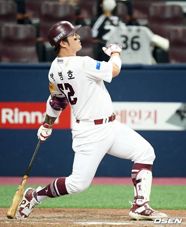 키움 시절 박병호가 홈런을 친 뒤 타구를 보고 있다.