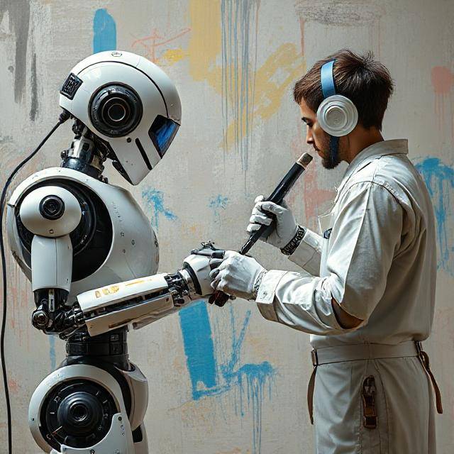 An image created by generative AI program Deep AI with the prompt, "Robot painters and human painters competing" [DEEP AI]