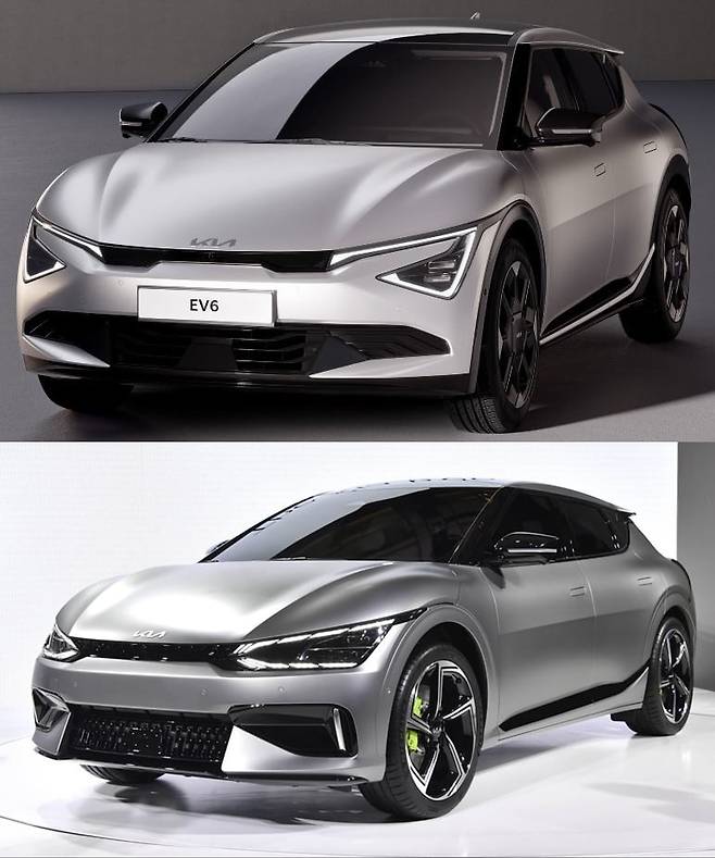 더 뉴 EV6(위쪽)와 기존 EV6의 외관. 주간주행등(DRL) 등 전면부의 디자인이 바뀌었다./기아 제공