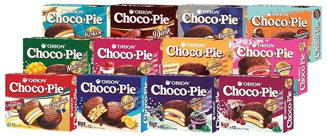 러시아에서 판매 중인 12종의 초코파이. <오리온>
