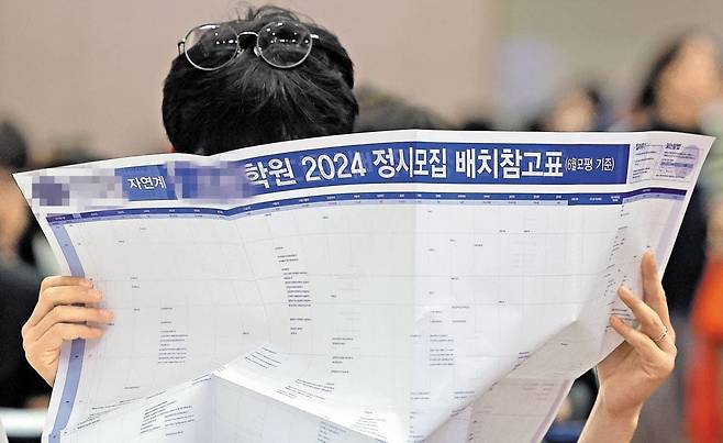 23일 오후 서울 광진구 세종대에서 열린 한 대형 입시학원의 '2024 수시·정시 합격 예상 점수 공개 및 수험생 지원전략 설명회'에서 한 학부모가 정시모집 배치 참고표를 들여다보고 있다. 최근 국세청 세무조사에선 지난 10년간 대형 입시학원들로부터 5000만원 이상의 돈을 받은 현직 고교 교사가 130여 명에 달하는 것으로 전해졌다. 2023년 7월 /연합뉴스