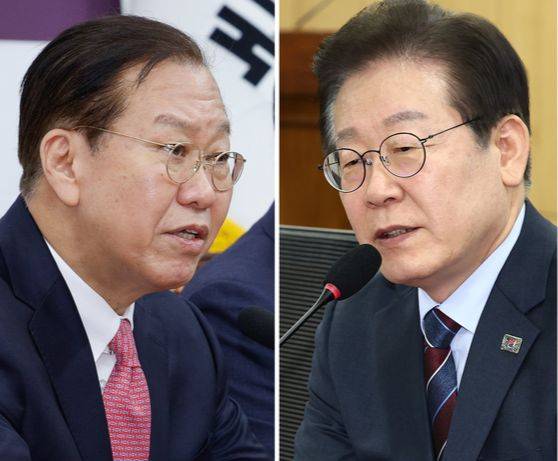 Kwon Young-se, left, chief of the ruling People Power Party's emergency leadership committee, and Lee Jae-myung, leader of the liberal Democratic Party [NEWS1]