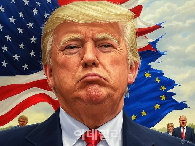 도널드 트럼프 미국 대통령 모습 뒤로 미국 성조기와 유럽연합(EU)의 유럽의 깃발이 보인다.(사진=그록3 이미지 생성)
