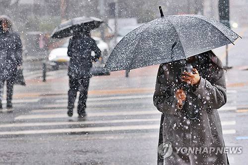 눈이 내린 4일 서울 중구 명동 일대에서 시민들이 우산을 쓰고 걸어가고 있다. [연합뉴스]