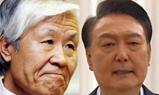 조갑제 전 월간조선 편집장(왼쪽), 내란 피의자인 윤석열 대통령이 15일 오전 한남동 관저에서 공수처의 체포영장이 집행되기 전 대국민 담화를 발표하는 모습. 김경호 선임기자 jijae@hani.co.kr, 대통령실 제공