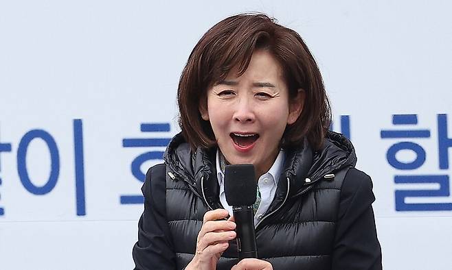 나경원 국민의힘 의원이 15일 경북 구미시 구미역 앞에서 열린 세이브코리아 주최 윤석열 대통령 탄핵 반대 집회인 국가비상기도회에서 발언하고 있다. 연합뉴스