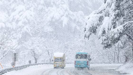 지난 4일 폭설이 쏟아지는 강원 강릉시 대관령 구간에서 차들이 조심스럽게 운행하고 있다. 연합뉴스