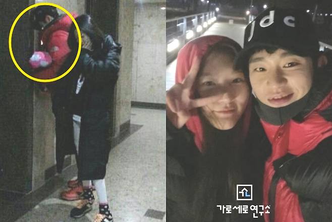 지난달 세상을 떠난 배우 고(故) 김새론이 18세였던 2017년 사생팬에 찍힌 사진이 뒤늦게 주목받고 있다. 사진 속 그는 한 남성과 함께 있는데, 이 남성의 인상착의가 배우 김수현과 흡사하다는 주장이 나오면서다. 왼쪽은 사생팬 사진, 오른쪽은 유족이 공개한 사진. /사진=SNS, 가로세로연구소 유튜브 채널 캡처