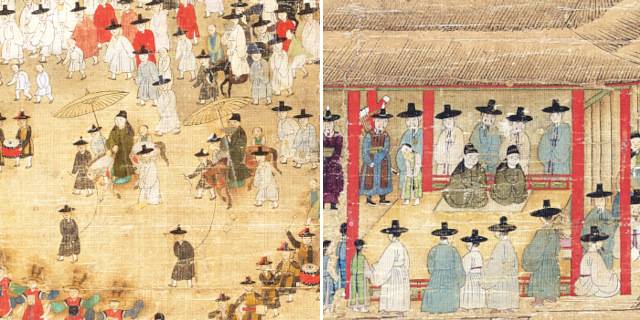 19세기 평양성 잔치를 그린 미국 피바디에섹스박물관 소장 8폭 병풍은 애초 평양감사 부임 환영 잔치로 알려졌다. 하지만 국내 반입돼 복원 과정을 거치며 1826년 평안도에서 실시한 과거 급제자 축하연으로 확인됐다. 문·무과 장원으로 보이는 두 인물이 지속적으로 등장하는 데서 단서를 찾았다. 두 장원이 행진하는 모습(1폭·왼쪽), 두 장원이 대동강 배 위에 앉아 있는 모습(2폭). 국외소재문화유산재단 제공