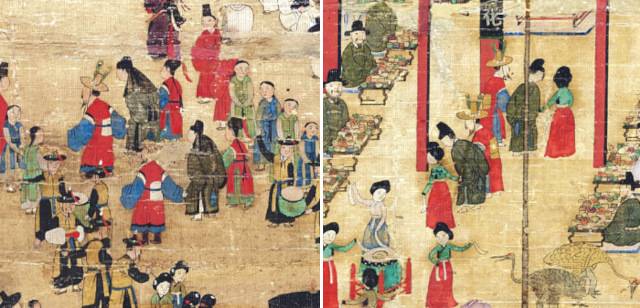 대동강을 건넌 뒤 두 장원이 행진 도중 말에서 내려 관찰사 쪽으로 가는 모습(3폭·왼쪽), 두 장원이 평양 감영 에서 부모와 친지에게 인사를 올리는 모습(5첩) 등 1폭을 빼고 모두 두 인물이 등장한다. 국외소재문화유산재단 제공