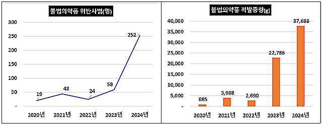 최근 5년간 마약류 함유 불법 의약품 적발 동향. 관세청