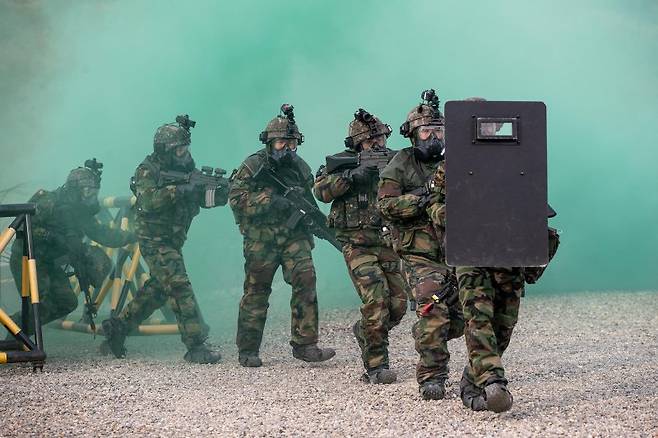 제17보병사단은 2025년 FS/TIGER의 일환으로 지난 16일부터 인천 일대 및 경기도 파주 무건리훈련장에서 '한미연합 전투지휘훈련'을 실시하고 있다고 19일 밝혔다. 17사단은 전군 유일 사단급 한미연합 전투지휘훈련을 실시하는 부대이다. 이번 훈련에는 한미 양국군 장병 1200여 명이 참가하였으며, 전투지휘훈련과 야외기동훈련(CWMD 및 공중기동)을 연계하여 실시해 훈련의 실전성을 높였다. 사진은 CWMD-TF 장병들이 장애물을 개척하고 의심시설 중심부로 진입하고 있는 모습. 사진=육군 제공