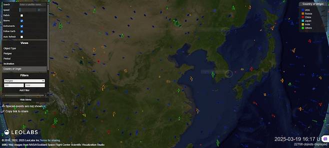 미국 콜로라도에 본사를 둔 우주 추적 회사 레오랩스도 지상에서 레이더를 통해 중국의 훈련 상황을 확인했고 이와 별도로 러시아가 진행 중인 훈련 사례도 관찰했다고 우주 커뮤니티를 통해 공개했다. 레오랩스가 제공하는 실시간 추적 모니터링 페이지에는 우주물체가 국가별, 종류별, 궤도별로 제공된다. /레오랩스