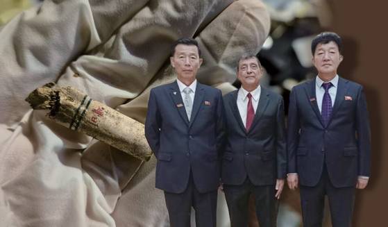마르티네스 주북한 니카라과 대사는 지난해 9월 김광욱 농업과학원장, 함철남 최고인민회의 대의원과 회동한 이후 사진 한장을 공개했다. 월간중앙 취재 결과 맨 왼쪽 인물이 김광욱, 맨 오른쪽 인물이 함철남이다. [사진 마르티네스 대사·연합뉴스]