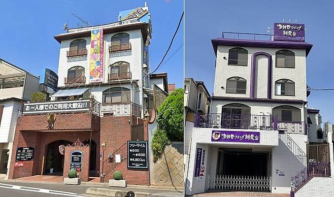 일본 사이타마현의 아사카다이역 인근 러브호텔 건물(왼쪽)이 장례식장으로 바뀐 모습./사진=엑스(X·옛 트위터)