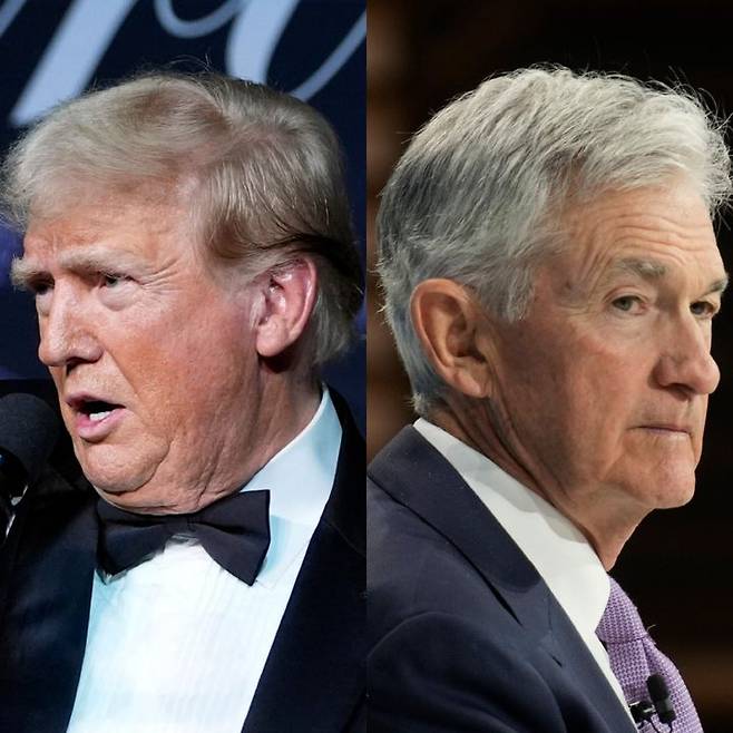 [서울=뉴시스] 도널드 트럼프 미국 대통령이 19일(현지 시간) 미국 연방준비제도(Fed·연준)에 금리 인하를 압박하고 나섰다. 사진은 트럼프 대통령과 파월 의장. 20.24.12.19. *재판매 및 DB 금지