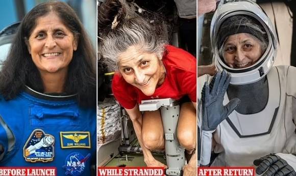 287일 만에 지구로 돌아온 미국항공우주국(NASA) 소속 우주비행사 수니 윌리엄스(59). 왼쪽은 지난해 6월 우주로 떠나기 전 지구에서의 모습,  가운데는 ISS에서 머물던 시기의 모습, 오른쪽은 9개월 만에 지구로 귀환한 최근 모습. NASA 제공