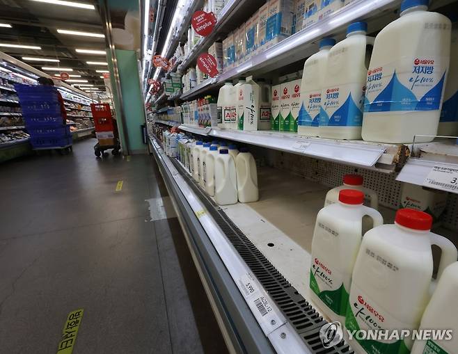 농심·서울우유 등 일부 홈플러스 납품차질 (서울=연합뉴스) 서명곤 기자 = 기업회생 절차에 들어간 홈플러스가 할인행사를 이어가며 정상화를 위해 애쓰는 가운데 일부 식품업체의 납품에 차질이 발생하고 있다. 20일 식품업계에 따르면 지난 19일 서울우유는 홈플러스에 납품하지 않았다. 사진은 20일 서울시내 한 홈플러스 매장의 우유판매대. 2025.3.20 seephoto@yna.co.kr