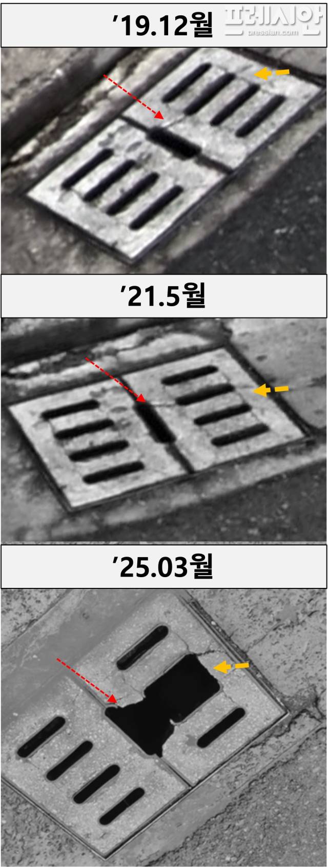 ▲ 사고가 난 파손된 콘크리트 덮개, 네이버지도 확인 결과 2019년 12월 전에 파손된 것으로 추정 ⓒ 프레시안(권용현)