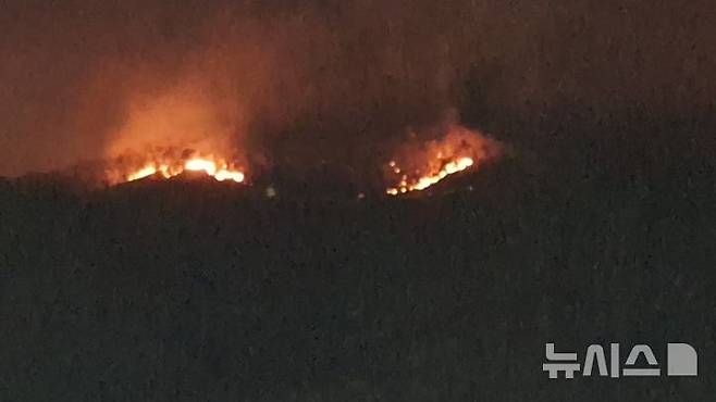 [김해=뉴시스]김상우 기자=22일 오후 2시3분께 경남 김해시 한림면 안곡리 야산에서 발생한 산불이 야간에 확산되고 있다. 소방당국은 민가 보호를 위해 야간 진화작업을 진행하고 있다. 2025.3.22.  woo@newsis.com