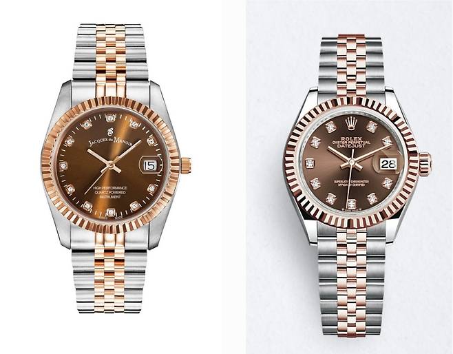 롤렉스 데이트저스트(Datejust) 36mm '텐포인트' 모델(오른쪽)과 디자인이 유사한 오마주 시계.