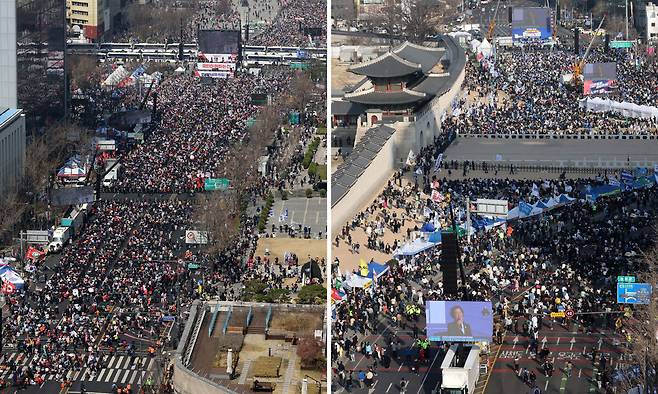 22일 오후 서울 세종대로 사거리 및 세종대로일대에서 열린 윤석열 대통령 탄핵반대집회(왼쪽)와 광화문 앞에서 열린 탄핵찬성집회(오른쪽)에서 참석자들이 구호를 외치고 있다. 뉴스1