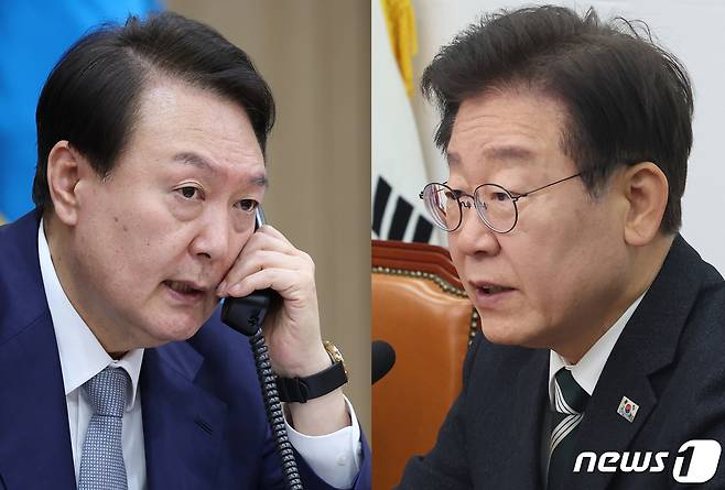 2022년 윤 대통령이 용산 대통령실에서 기시다 후미오 일본 총리와 전화 통화하는 모습(왼쪽.대통령실 제공)과 이 대표가 19일 서울 여의도 국회에서 열린 최고위원회의에서 발언을 하고 있는 모습. (뉴스1 DB)2024.4.19/뉴스1