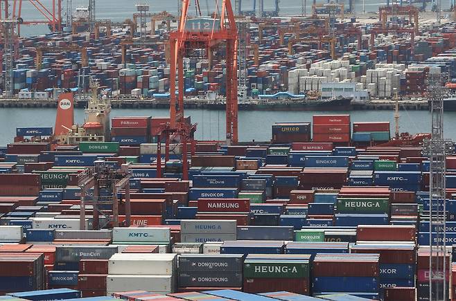 부산항 신선대부두와 감만부두 야적장에 컨테이너가 가득 쌓여 있다. /뉴스1