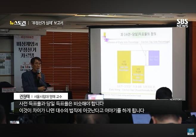 부정선거론의 근거로 사전투표와 당일투표 득표율이 ‘대수의 법칙’에 위배된다는 설명을 하는 권원태 서울시립대 명예교수. ‘뉴스토리’ 갈무리