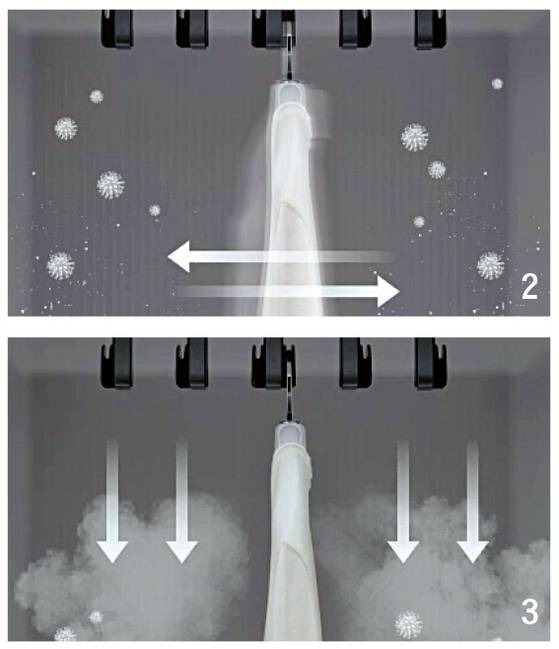 (위)분당 최대 350번 다양한 방향으로 구동하며 의류 관리 코스·단계에 따라 움직임을 조절하는 ‘다이내믹 무빙행어’. (아래)두 개의 히터로 코스에 따라 스팀 양을 섬세하게 조절하는 ‘듀얼히팅 트루스팀’.  [사진 LG전자]