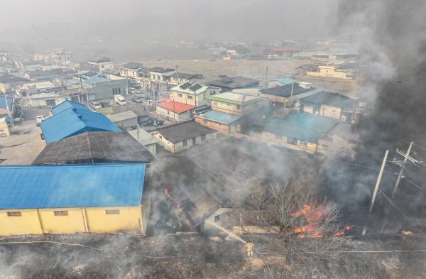 경북 의성군 대형 산불 발생 사흘째인 24일 산불 현장에 인접한 의성군 옥산면 입암리 한 마을 민가에 불씨가 옮겨붙으며 불이 나고 있다.연합뉴스
