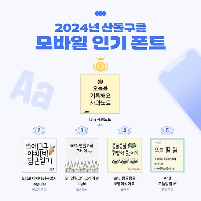 산돌구름 모바일 결제 상위 폰트 5개