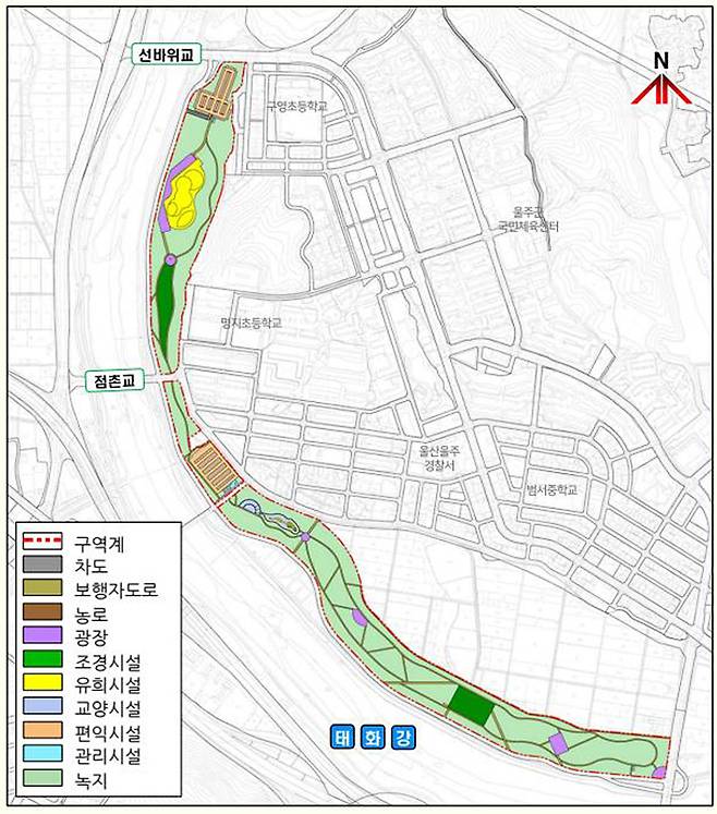태화강 하류 둔치의 태화강국가정원에서 중류 선바위공원까지 단절된 공원 공간을 잇는 구영들공원이 조성된다. 그림은 구영교~점촌교~선바위교의 태화강변에 위치한 구영들공원의 도시계획도. [울산시 제공]