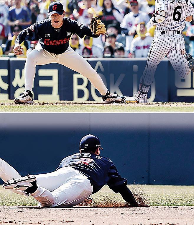 22일 잠실 LG전에서 수비하는 롯데 나승엽(위)과 고승민. 롯데 자이언츠 제공