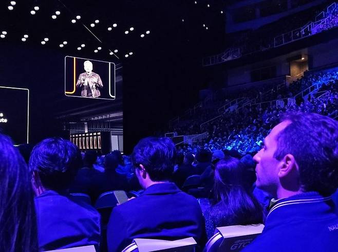 19일(현지시간) 미국 캘리포니아주 새너제이 'GTC 2025'에서 젠슨 황 엔비디아 CEO가 기조강연을 하고 있다, 사진 박준이 기자