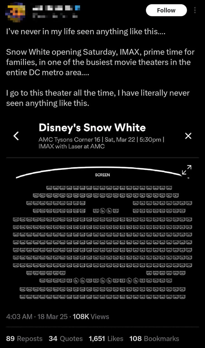 엑스(X, 구 트위터)에 올라온 영화 ‘백설공주’ 예매 현황. 대부분의 관객석이 예매되지 않은 채 비어있다. [사진 출처 = 엑스(X, 구 트위터)]