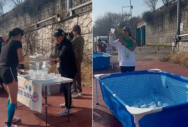 23일 오전 서울 여의도 한강공원에서 열린 ‘2025 무해런’ 급수대에서 참가자들이 다회용기에 담긴 물을 마시고 있다.[인스타그램 갈무리]