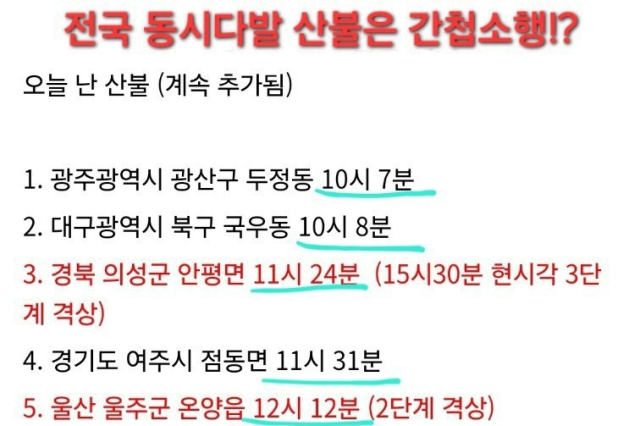▲전광훈 사랑제일교회 목사 측이 운영하는 카카오톡 오픈채팅방 이용자들은 지난 21일부터 전국에서 발생하고 있는 산불을 두고 "산불이 이렇게 빠른 시간 동안 동시다발적으로 일어난 적이 있던가"라며 "지금 누가 작정하고 전국에 불을 지르는 것 같다"는 게시물을 유포하고 있다.ⓒ카카오톡 오픈채팅방 갈무리