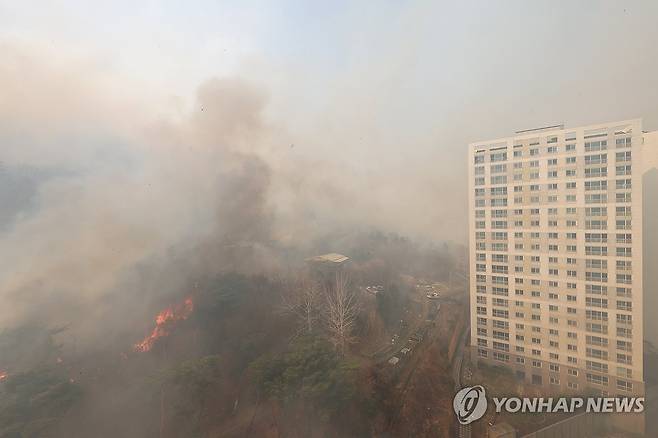 아파트 위협하는 산불 (울산=연합뉴스) 김용태 기자 = 25일 울산시 울주군 언양읍에서 난 산불이 확산하면서 인근 아파트까지 불길이 접근하고 있다. 2025.3.25 yongtae@yna.co.kr