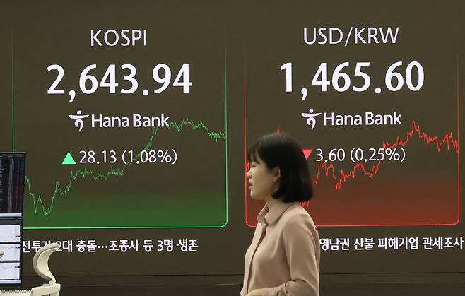3월 26일 서울 중구 하나은행 본점 딜링룸 현황판에 코스피지수와 원·달러 환율이 표시돼 있다. /연합뉴스