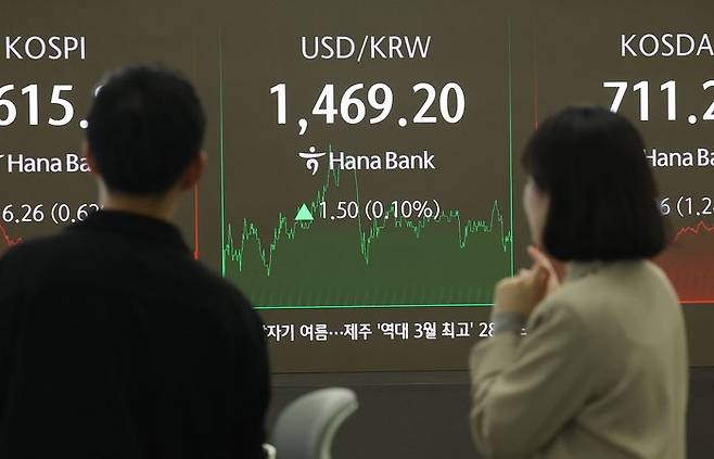 서울 중구 하나은행 딜링룸에서 딜러들이 업무를 보고 있다. ⓒ연합뉴스