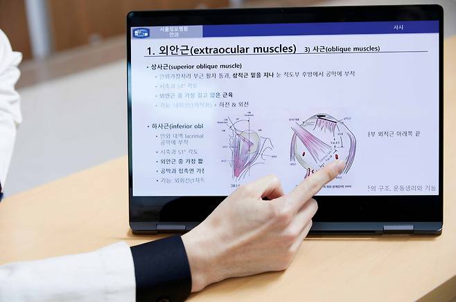 정연웅 교수 눈을 바깥으로 당기는 근육에 대해 설명하고 있다./사진=신지호 기자
