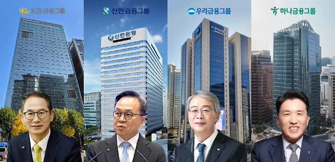 왼쪽부터 양종희 KB금융지주 회장, 진옥동 신한금융지주 회장, 임종룡 우리금융지주 회장, 함영주 하나금융지주 회장&nbsp; &nbsp;그래픽=한지영 디자이너