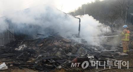 [정읍=뉴시스] 김얼 기자 = 25일 전북 정읍시 소성면에서 발생한 산불이 인근 마을까지 번지자 소방관들이 화재를 진압하고 있다. 2025.03.25. pmkeul@newsis.com /사진=김얼