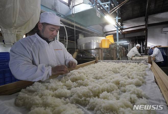 [나가이(야마가타현)=AP/뉴시스] 사진은 지난해 7월 30일 일본 북동부 야마가타현 나가이시에 있는 사케 양조장에서 쌀을 식히는 모습. 2024.07.30.