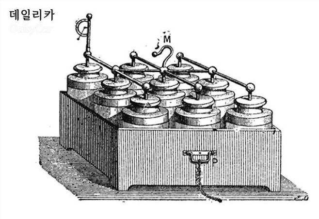 여러 개의 라이덴병을 모아 만든 전기 배터리 (삼성SDI 제공)