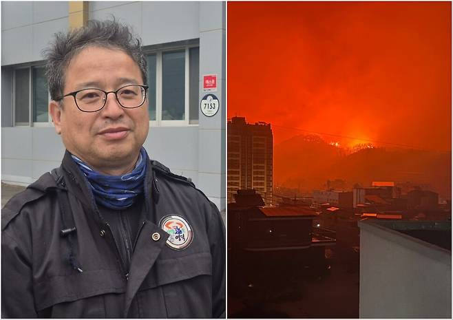 지난 25일 산불을 피해 주민들을 적극적으로 대피시킨 경북 영덕군 지품면사무소 김상덕 면장. (왼쪽 사진) 주성미 기자. 영덕읍 주변까지 산불이 확산하는 모습. (오른쪽) 영덕/연합뉴스, 독자 제공